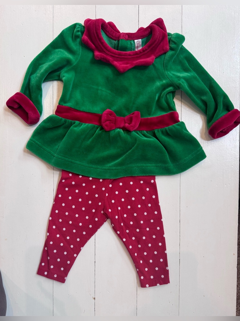 Cherokee Green Velvet Peplum Elf Top with Red Polka Dot Leggings
